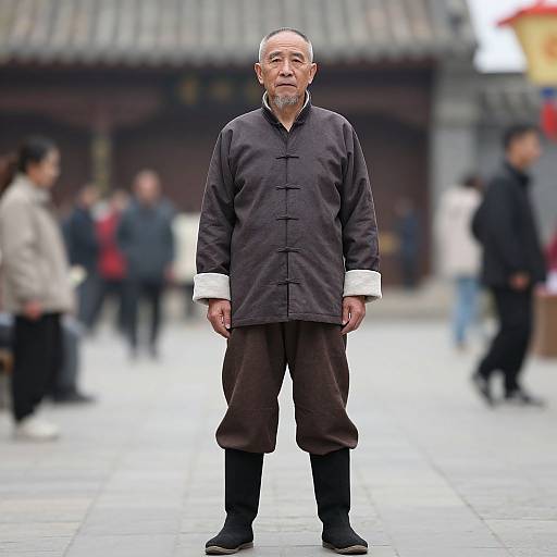 Photograph of an elderly Asian man with gray hair and beard, wearing a black traditional Chinese qigong outfit, standing in a bustling urban courtyard.
