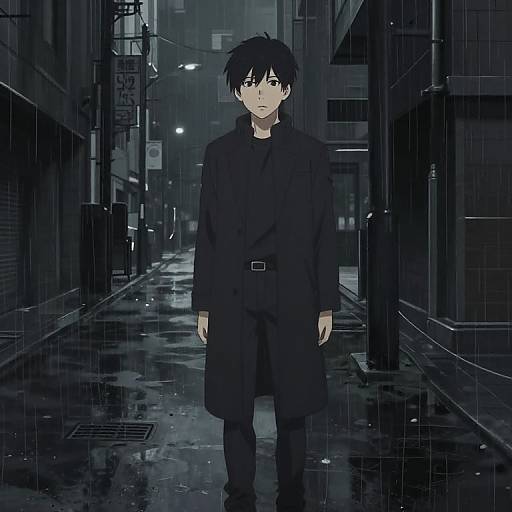 Anime-style digital drawing of a serious young man in black coat and pants standing in a rainy, dark, urban alley at night.