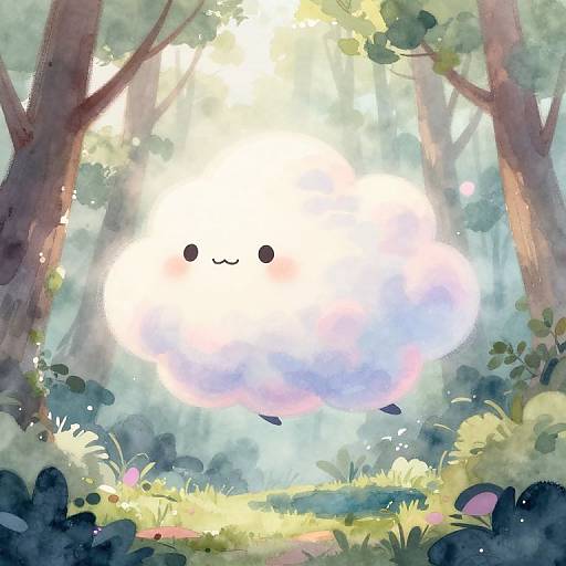 Whimsical digital painting of a fluffy, white, ghost-like creature with a cute smile floating in a sunlit forest, surrounded by lush greenery