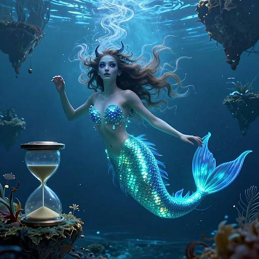 Digital art of a glowing blue mermaid with flowing hair, shimmering scales, and a radiant tail, swimming underwater beside a glowing hourglass, surrounded