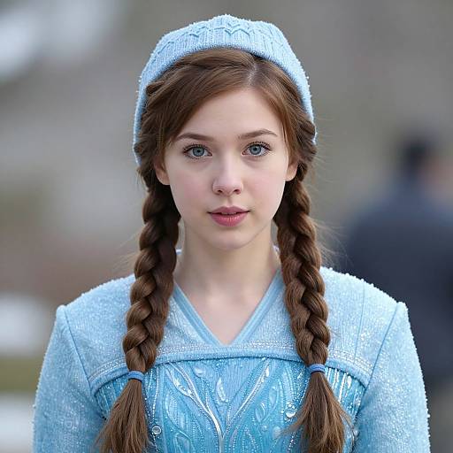 Photograph of a young woman with fair skin, blue eyes, and brown braided hair, wearing a light blue knitted hat and matching textured dress