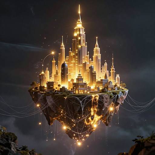 Photograph of a glowing, futuristic cityscape floating in mid-air at night, illuminated by bright yellow lights, surrounded by dark sky and faint web-like