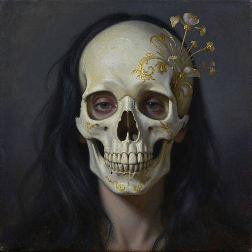 Digital painting of a pale, detailed skull with dark, flowing hair, adorned with gold floral patterns, set against a dark background.