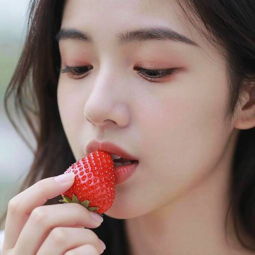 Close-up photograph of an Asian woman with fair skin and dark hair, gently biting a ripe, red strawberry, eyes partially closed.