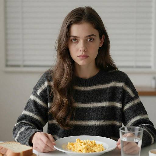 Serious Young Woman at Breakfast Table