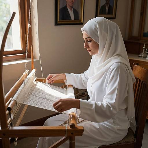 Photograph of a young woman in a white hijab and robe, concentrating on weaving a loom, bathed in sunlight from a nearby window,