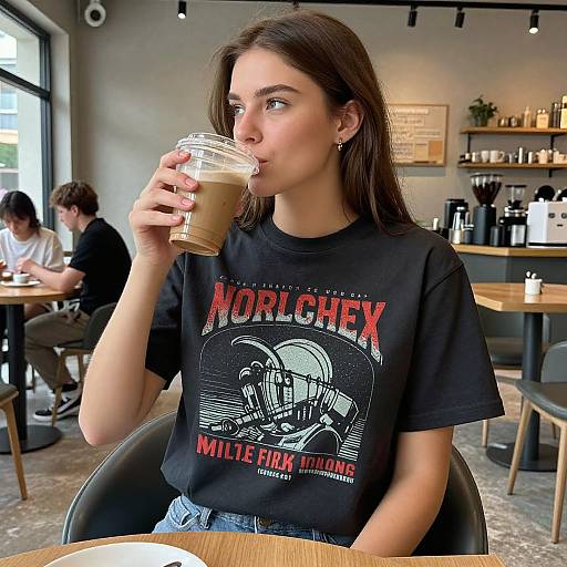 Retro Graphic Tee in Modern Café