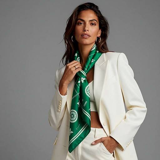 Woman in White Blazer with Green Scarf