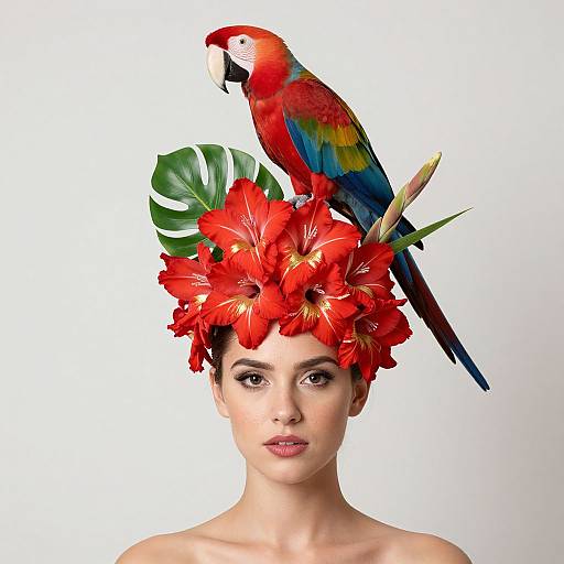 Photograph of a fair-skinned woman with red flower headpiece, green monstera leaf, and blue-green macaw perched on her head