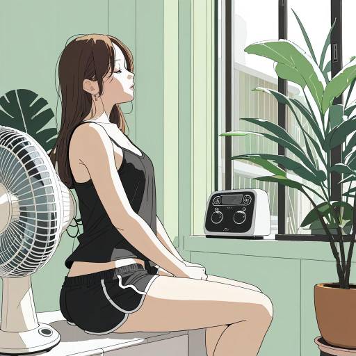 Woman relaxing near fan by window