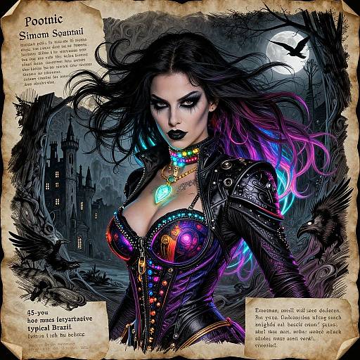 Digital fantasy artwork of a gothic, dark-haired woman with glowing purple and blue hair, wearing a vibrant, star-studded corset, against a