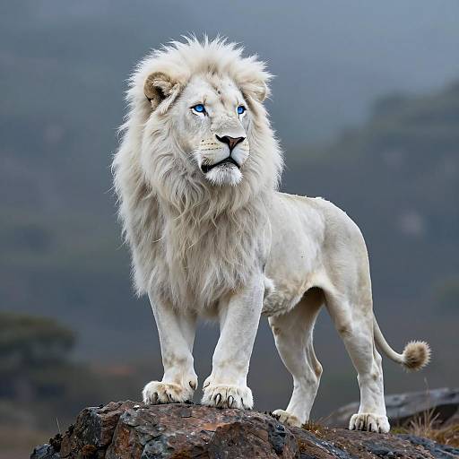 Majestic White Lion with Blue Eyes on Rock
