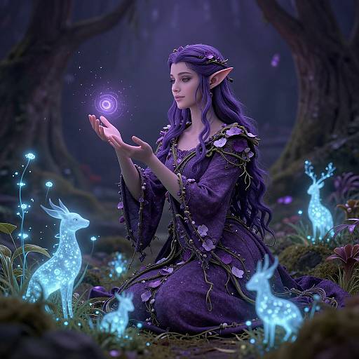 Digital fantasy artwork of a purple-haired, elf woman with pointed ears, in a dark, mystical forest, holding a glowing orb, surrounded by lumines