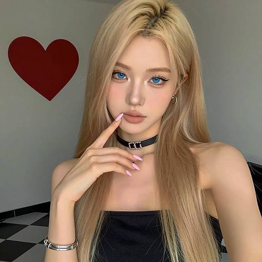 Blonde Woman with Blue Eyes and Heart Background