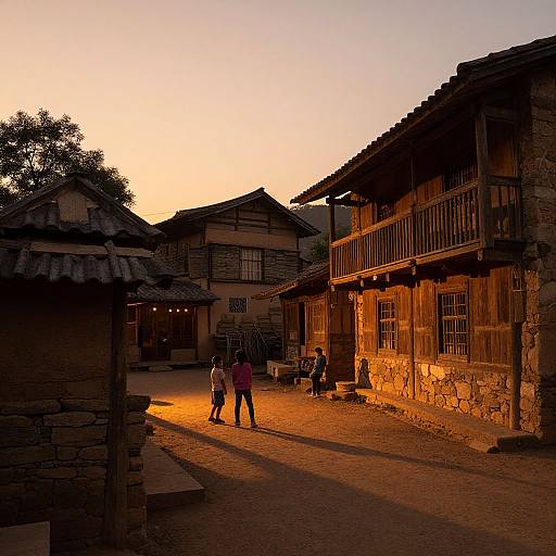 Photograph of a sunset-lit, rustic village with wooden buildings, shadows, and three people walking on a cobblestone street. Warm, golden