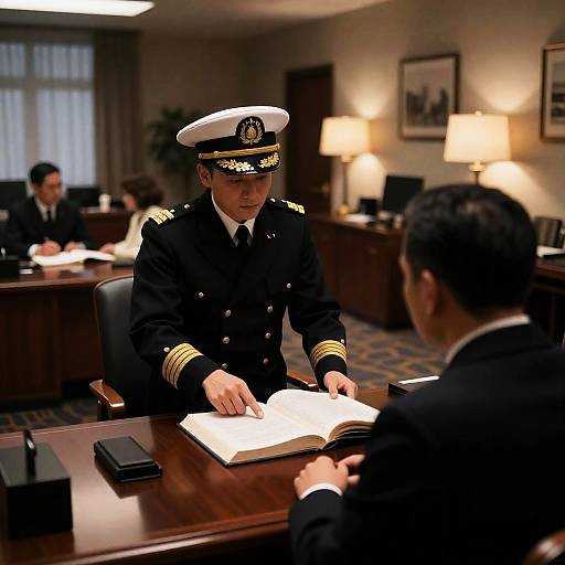 Dimly Lit Office with Naval Officer