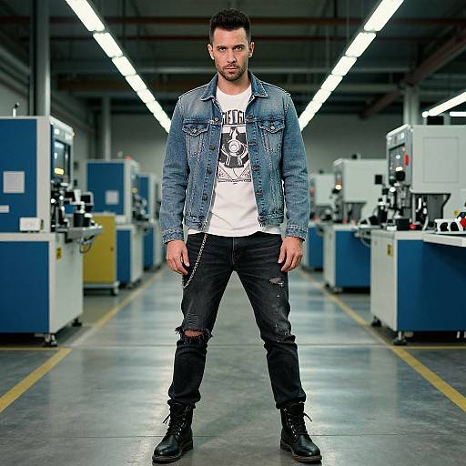 Photograph of a bearded man with short dark hair, wearing a denim jacket, white T-shirt, black ripped jeans, and black boots, standing