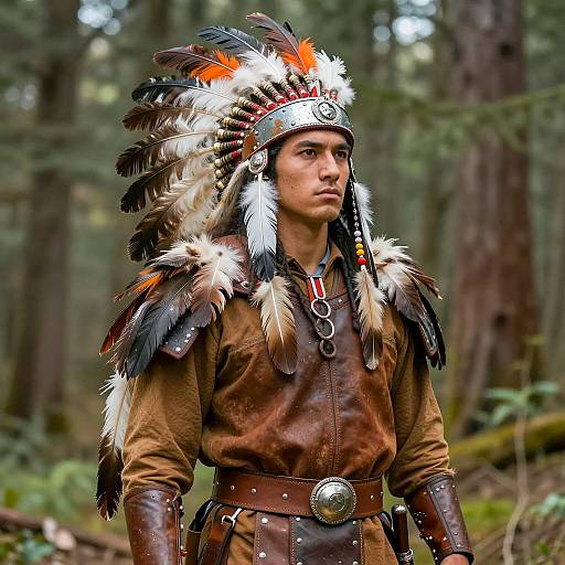 Native American Eagle Warrior in Feathered Headdress
