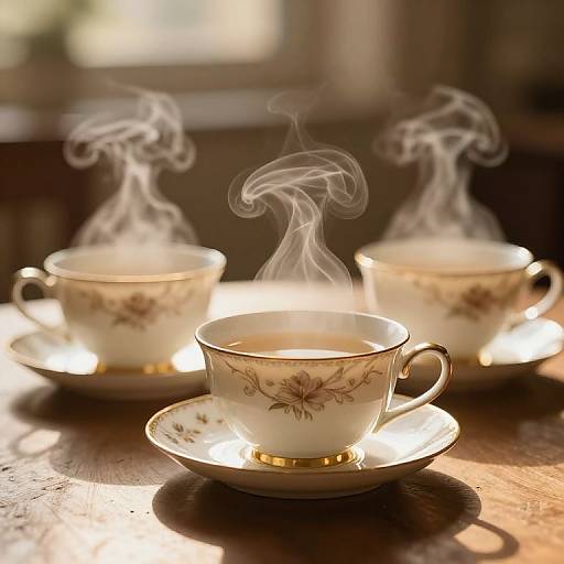 Photograph of three steaming, floral-patterned, gold-rimmed teacups on matching saucers, bathed in warm sunlight on