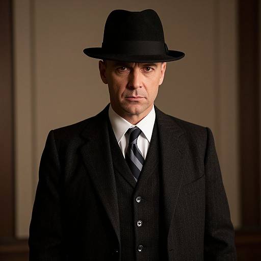 Photograph of a serious-looking Caucasian man in a black fedora, black suit, and striped tie, standing against a dark, blurred background.