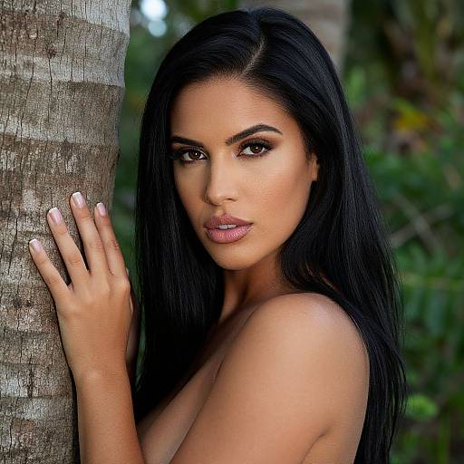 Photograph of a beautiful woman with long black hair, brown eyes, and olive skin, standing against a palm tree, topless, with a soft