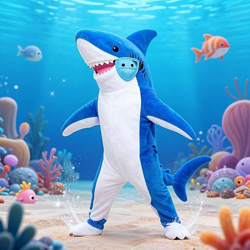 Photograph of a child in a blue and white shark costume, underwater-themed background with colorful coral, fish, and oceanic props.