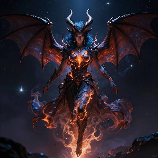 Dark Fantasy Cosmic Demon Woman with Horns and Wings