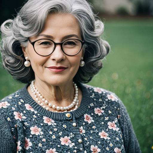 Elegant Elderly Woman with Pearls and Floral Cardigan
