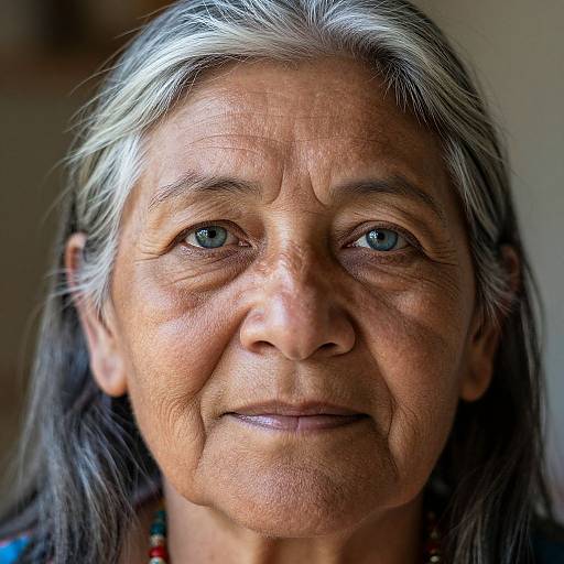 Close-up photograph of an elderly woman with long gray hair, deep wrinkles, blue eyes, and a calm expression, wearing a colorful necklace.