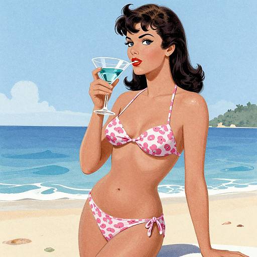 Vintage-style digital illustration of a brunette woman in a pink polka dot bikini, holding a martini glass on a sunny beach.