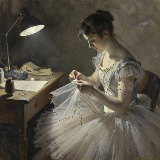 Charcoal Seamstress Mending Tutu by Lamplight