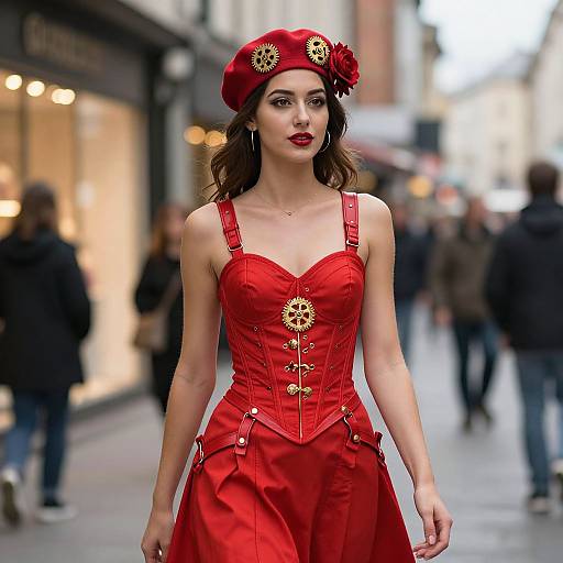 Photograph of a slim, fair-skinned woman with red lipstick, wearing a red corset dress, red beret with gold flower, and red