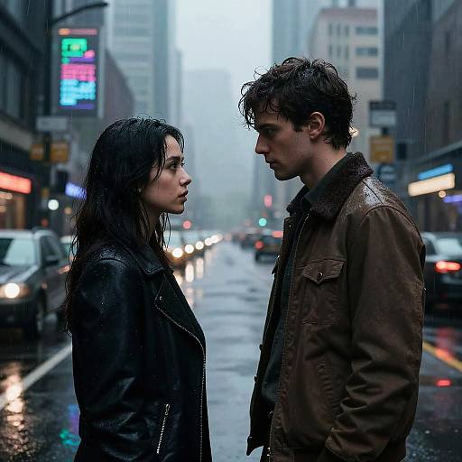 Photograph of a rainy urban street at dusk, featuring a serious young couple in wet leather jackets, standing close, facing each other, with blurred city