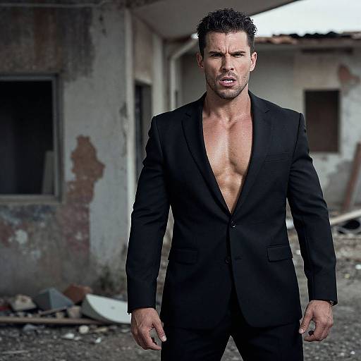Photograph of a muscular, attractive man with short, dark hair, wearing an unbuttoned black suit, standing in a dilapidated, abandoned