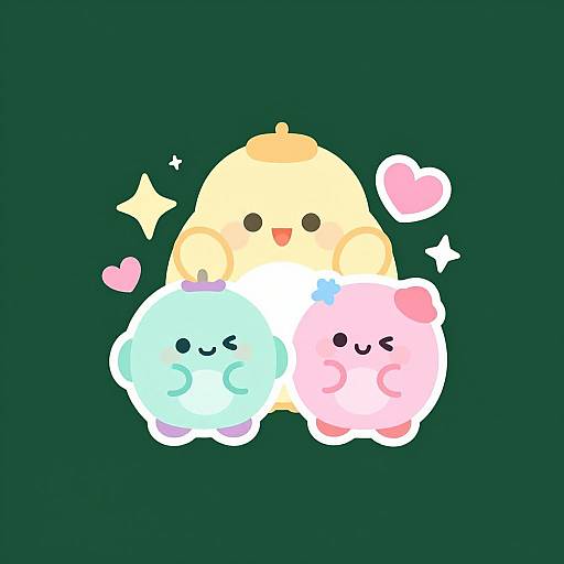 Cute digital drawing of three chibi-style, fluffy creatures with smiling faces: yellow top, blue bottom left, pink bottom right, against dark green