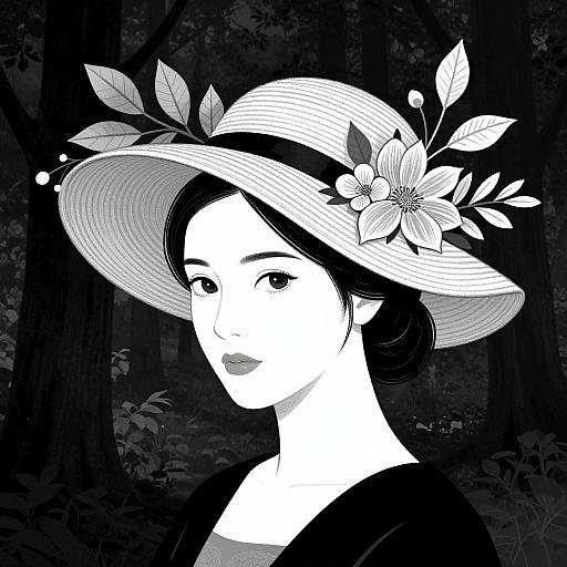 Black-and-white digital illustration of an East Asian woman with a floral hat, set against a dark forest background. She has a calm expression, wearing a