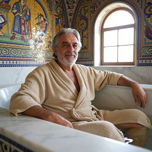 Photograph of an elderly man with gray hair and beard, wearing a beige bathrobe, relaxing in a marble bathtub in a colorful, mosaic-decor