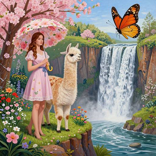 Digital painting of a brunette woman in a pink dress holding a yellow umbrella, standing with a llama, beside a waterfall, with a butterfly and cherry bloss