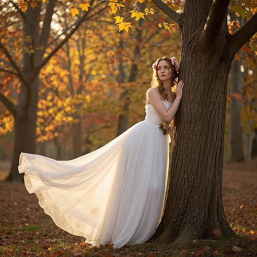 Photograph of a young woman in a flowing white wedding dress, leaning against a tree in an autumn forest, with sunlight filtering through orange and yellow leaves