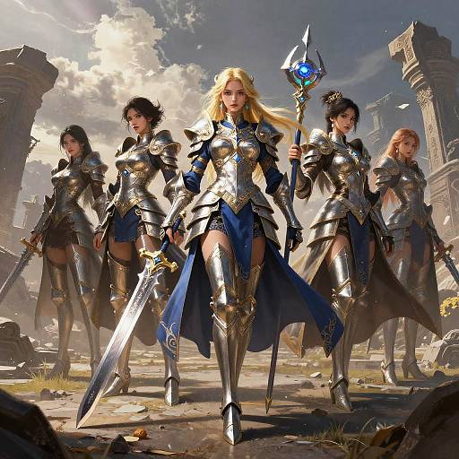 Digital fantasy artwork: Five armored, blonde and dark-haired female warriors in blue and silver armor, holding swords and a staff, standing in a sunlit