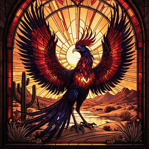 Crimson Stained Glass Phoenix in Desert Oasis