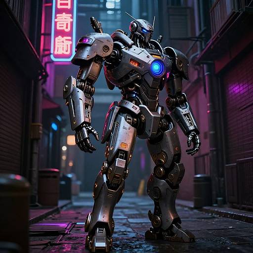 Photorealistic CGI of a futuristic, silver robot with glowing blue and pink lights in a neon-lit, rain-soaked alleyway.