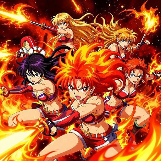 Anime-style digital illustration of five fierce, fire-wielding female warriors with red, blonde, and black hair, wearing red and white outfits, in dynamic