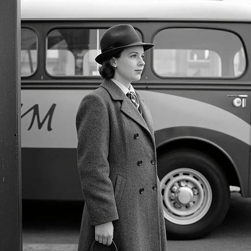 Black-and-white photograph of a 1940s-style woman in a long coat and hat, standing beside a vintage bus with 