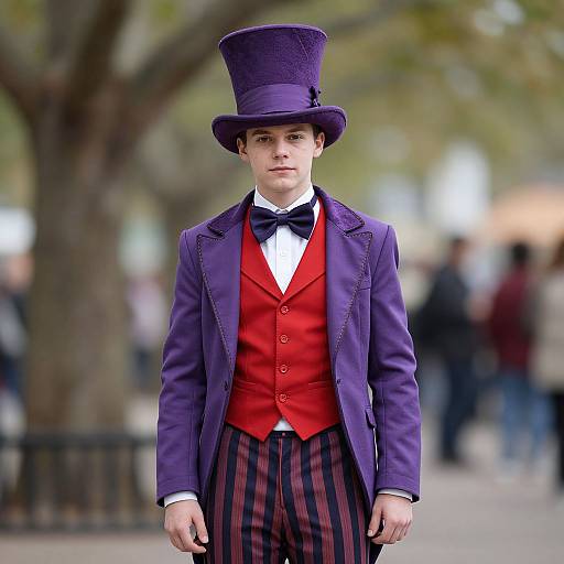 Photograph of a young man in a Victorian-style outfit: purple top hat, purple jacket, red vest, black bow tie, striped pants, standing