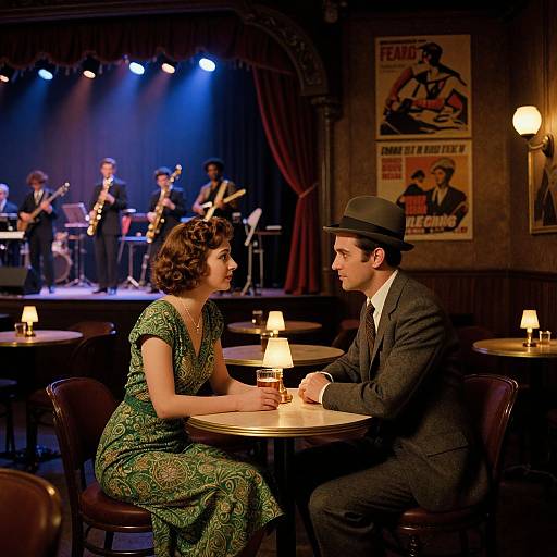 Photograph of a 1940s-style jazz club: a man in a gray suit and fedora, and a woman in a green patterned