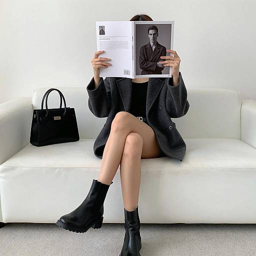 Chic Woman with Magazine on White Couch