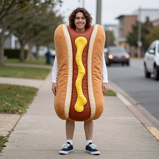 Photograph of a smiling woman with curly brown hair, wearing a giant hot dog costume with mustard stripe, white shirt, and blue sneakers, standing on