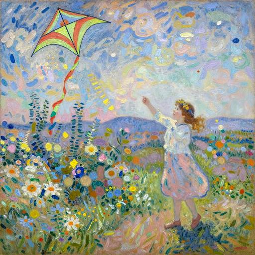 Impressionist Girl Playing with Kite