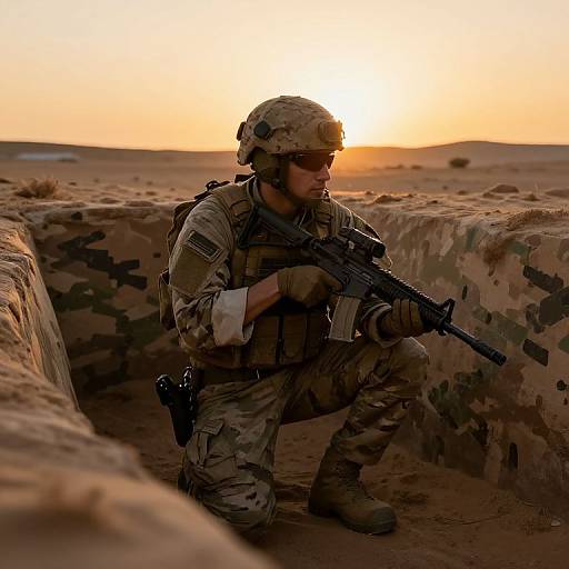 Photograph of a male soldier in camo uniform, helmet, and goggles, crouching with rifle in desert trench at sunset.